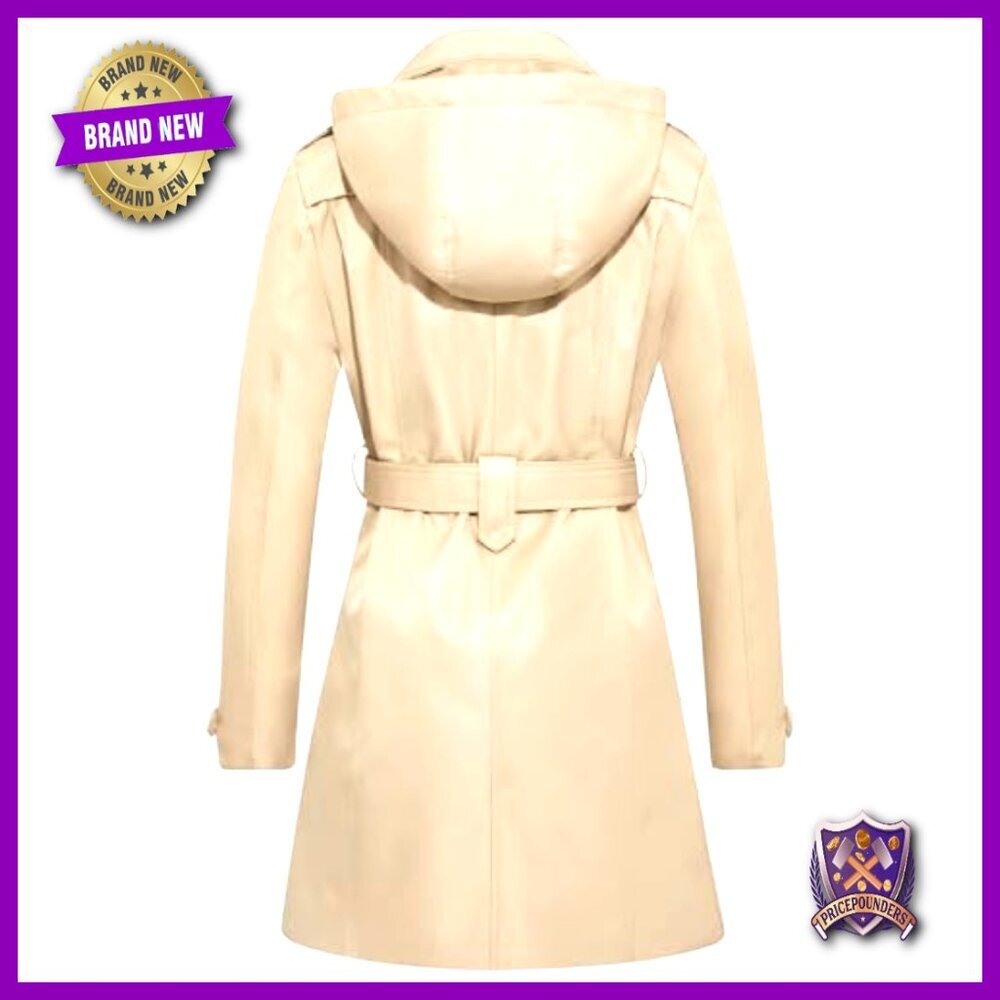 Waterproof Trench Coat Double Breasted Classic Belted Lapel Removable Hood - Picture 2 of 7
